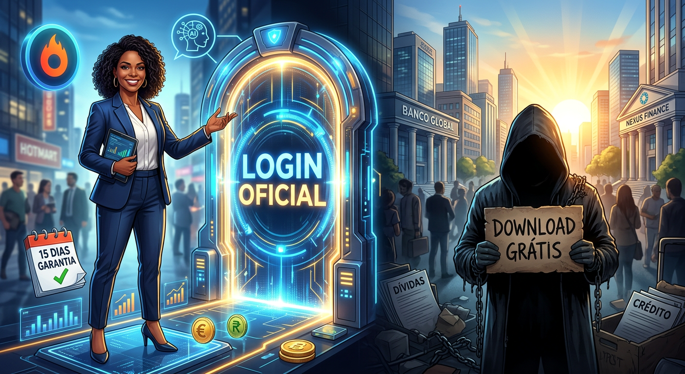 Illustration of Nádia Pace beside a glowing portal titled "Login Oficial", contrasting with a shadowy figure holding a "Download Grátis" sign, symbolizing the choice between official course access and free download trap, with financial freedom elements in background.