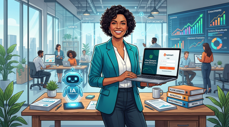 Nádia Pace, especialista em finanças, em frente a um laptop exibindo a página de login do Hotmart do curso Viva Sempre com Dinheiro, cercada por documentos financeiros e um ícone de assistente de IA.
