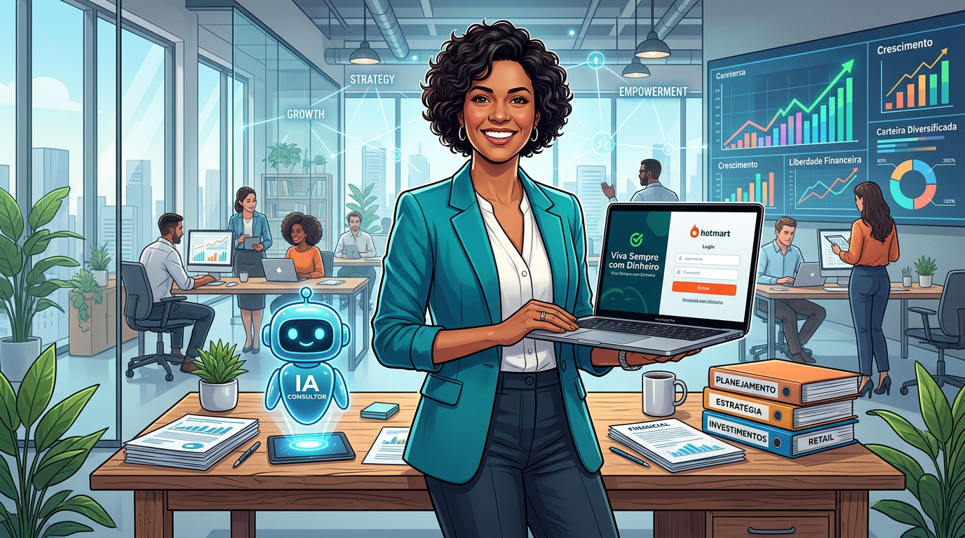 Nádia Pace, especialista em finanças, em frente a um laptop exibindo a página de login do Hotmart do curso Viva Sempre com Dinheiro, cercada por documentos financeiros e um ícone de assistente de IA.