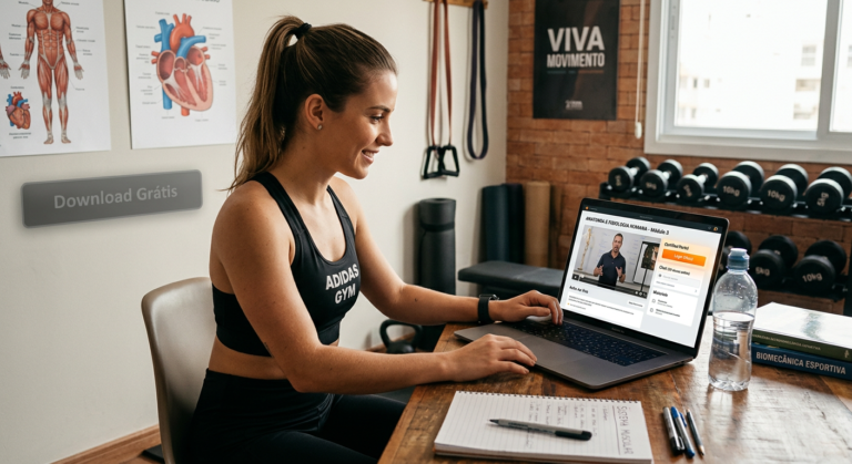Student studying Physical Education online with laptop and fitness equipment