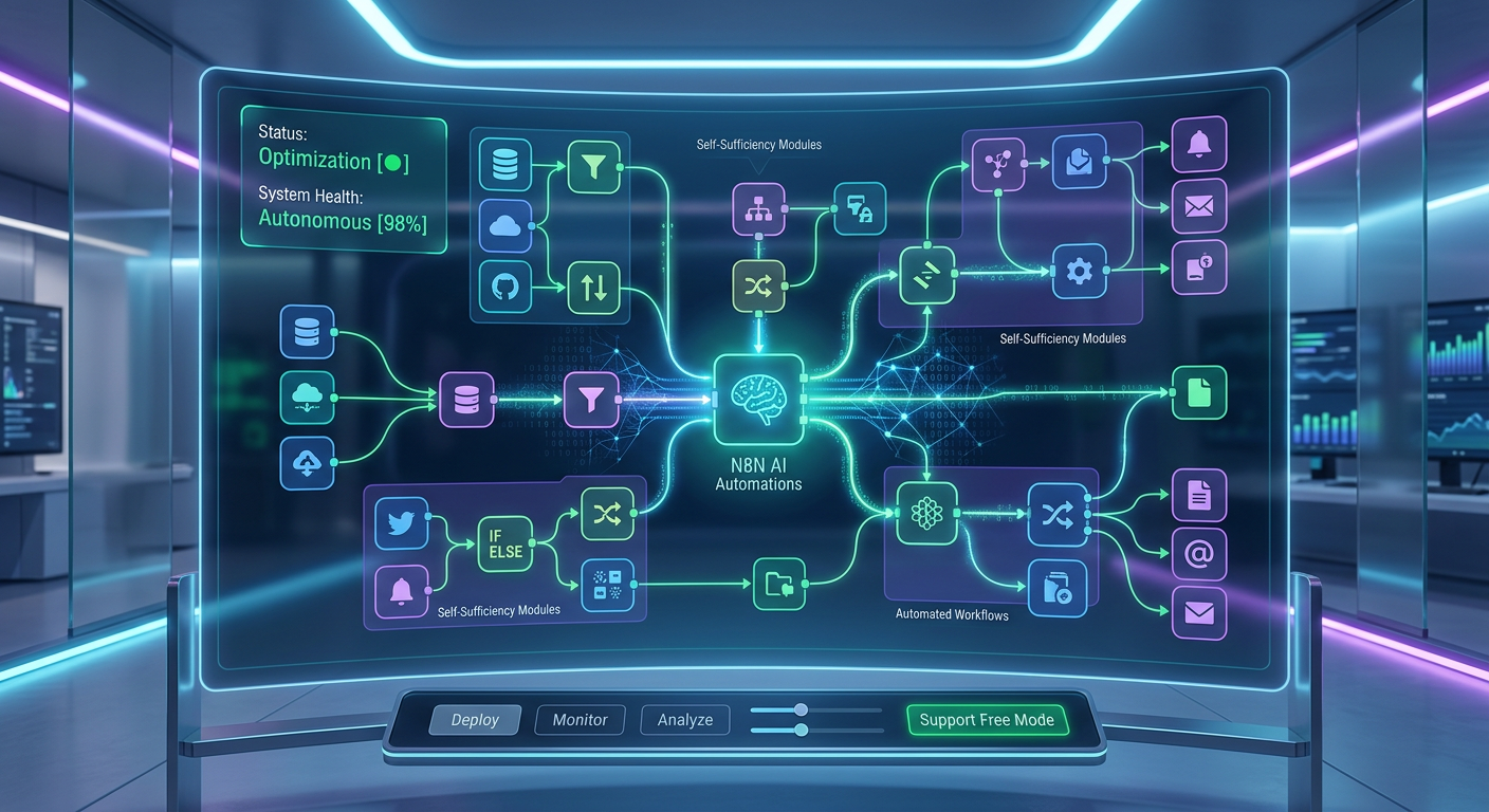 Interface futurista com nós interconectados do n8n, representando automações de inteligência artificial do Pack N8N, simbolizando autonomia e eficiência.