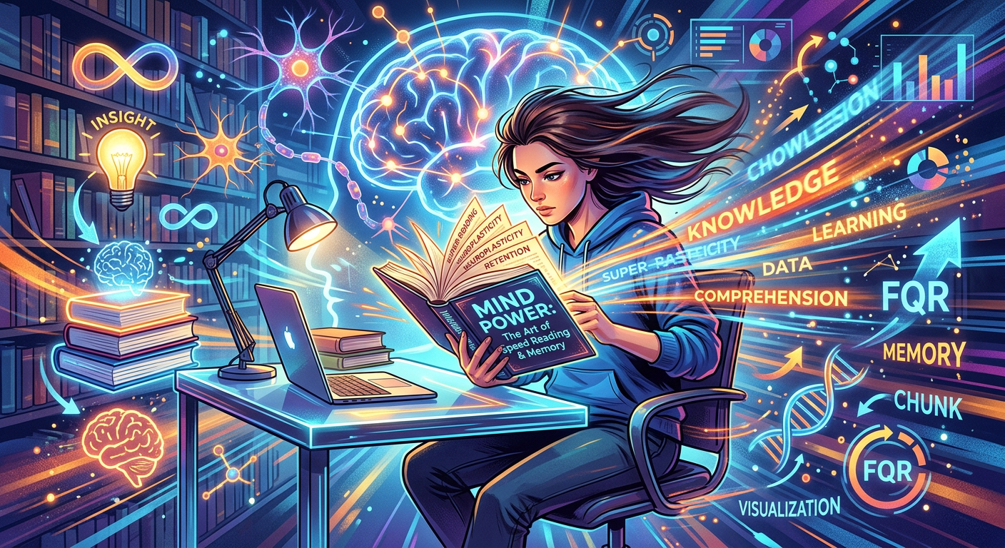 Imagem ilustrativa de uma pessoa lendo rapidamente, com linhas de movimento e símbolos de neurociência, representando o curso de leitura dinâmica Metaleitura