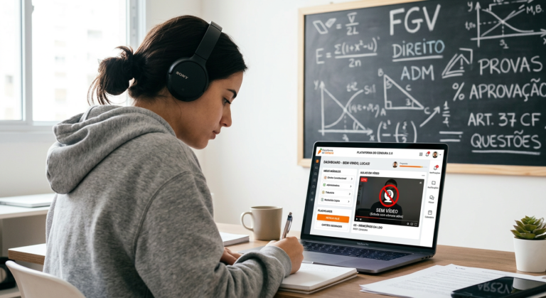 Plataforma do Cenoura 2.0 interface showing modules and flashcards with no video icon