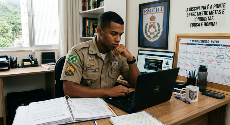 Estudante em uniforme PMERJ estudando o curso Operação Papa Mike 2.0