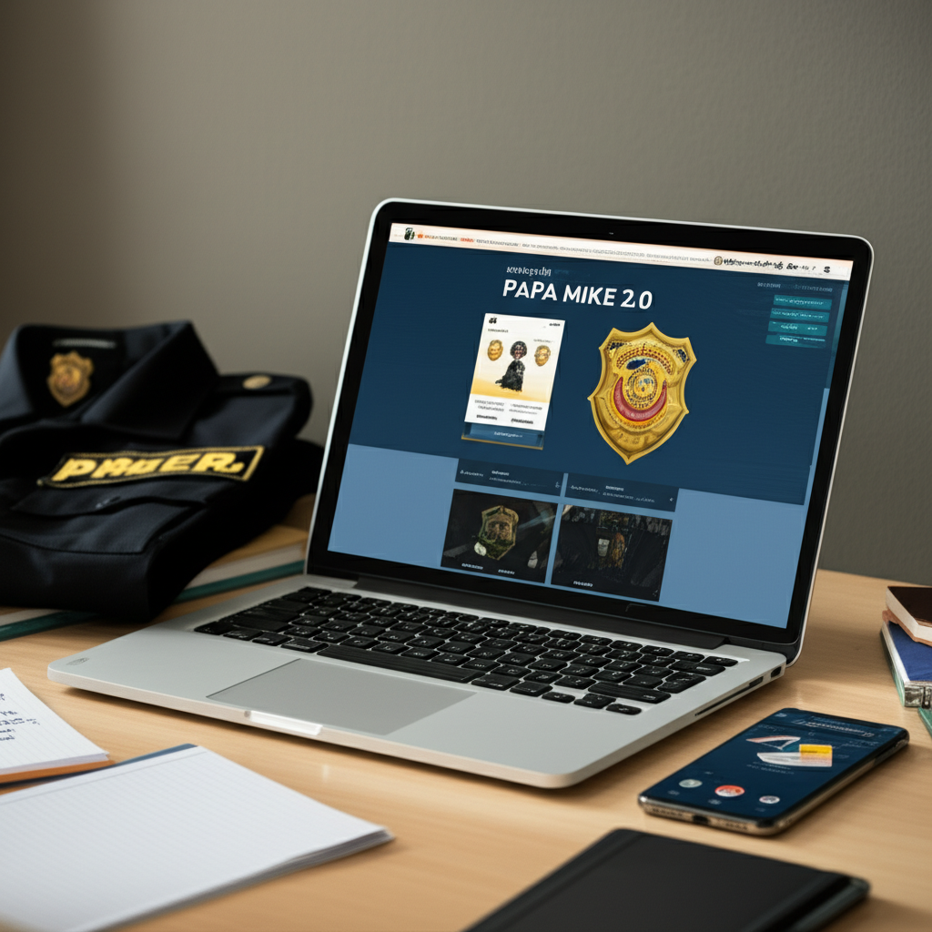 Estudo online do curso Operação Papa Mike 2.0 para o concurso de Soldado da PMERJ 2026, com laptop, celular e material de apoio.