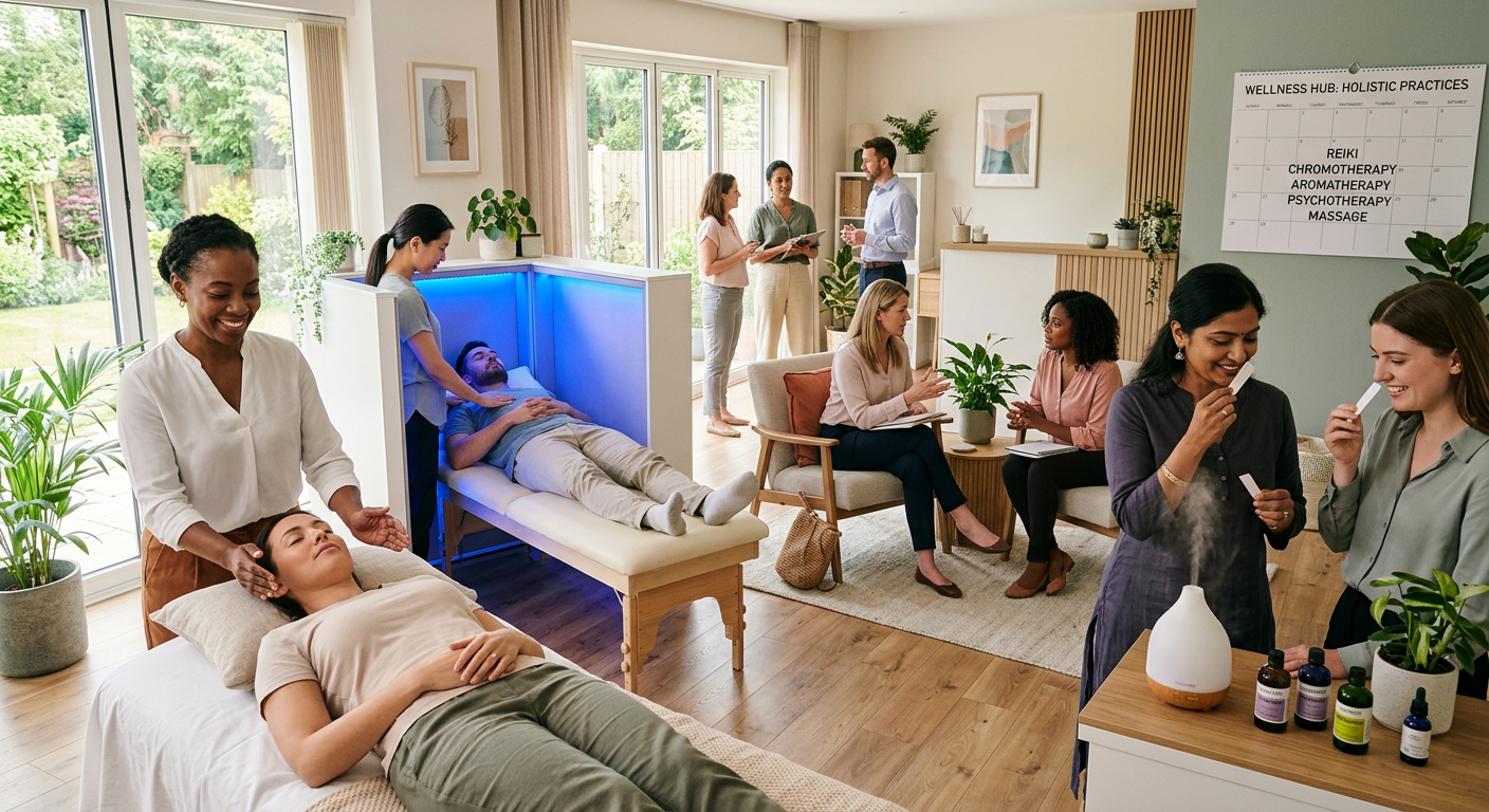 Praticantes de terapias holísticas em um estúdio moderno praticando diversas técnicas como Reiki, cromoterapia e psicoterapia