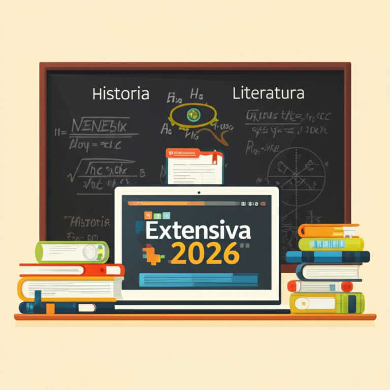 Estudante estudando para o ENEM com o curso Extensiva 2026, usando laptop, livros e materiais de simulados.