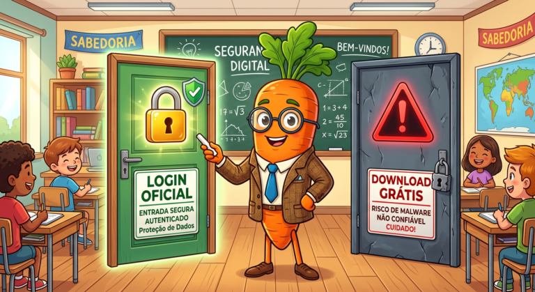 Professor Cenoura standing between an official login door and a free download door, highlighting the safer choice.