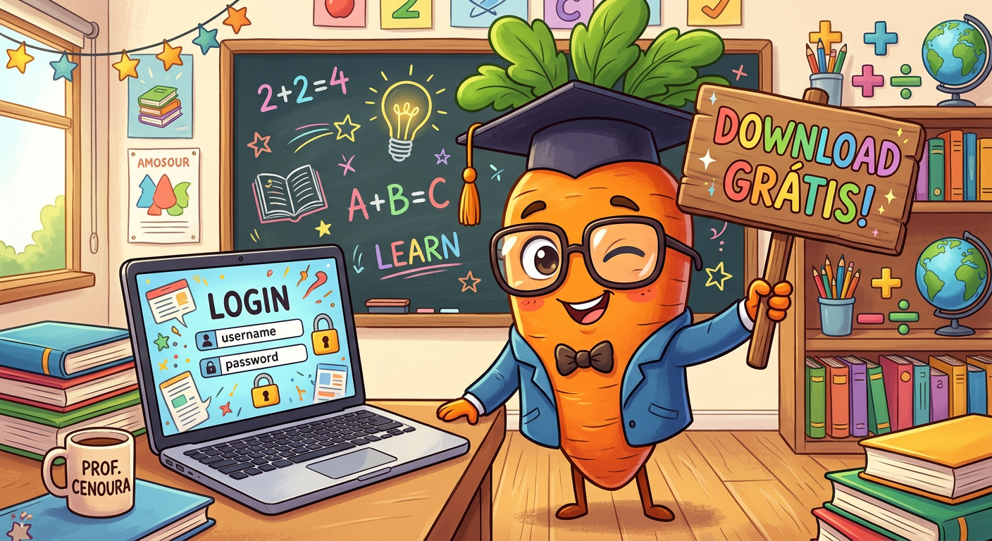 Cartoon carrot teacher with laptop and download sign