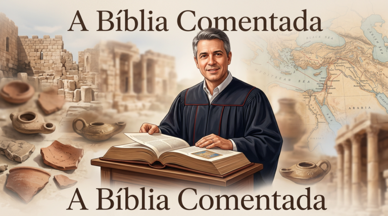 Professor Rodrigo Silva holding an open Bible with archaeological artifacts and ancient maps in the background, representing the A Bíblia Comentada course.