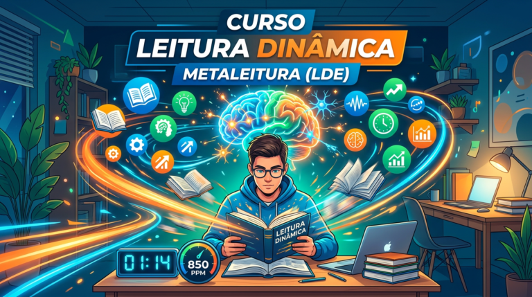 Estudante lendo rapidamente com linhas de velocidade, cérebro iluminado e ícones de memória, representando o curso de leitura dinâmica Metaleitura (LDE).