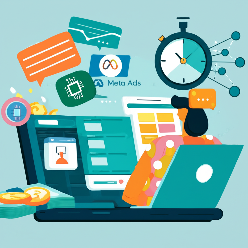 Ilustração de uma pessoa anônima usando IA no laptop para criar planners digitais e gerenciar anúncios do Meta, simbolizando a Renda Automática de Nati Abreu.