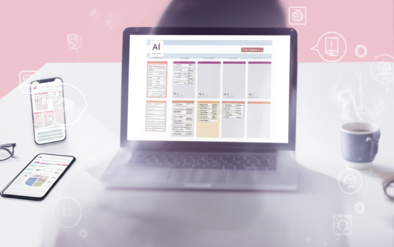 Cena de mesa com laptop exibindo planner criado por IA, smartphone com painel de anúncios Meta, e silhueta anônima representando a promessa de renda automática sem aparecer.