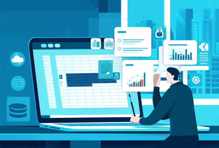 Ilustração de avaliação técnica do curso de Excel e Power BI, mostrando um laptop com planilha Excel e dashboard Power BI, ao lado de um profissional analisando os dados.