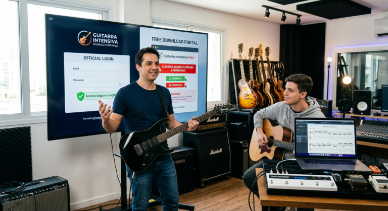 Rodrigo Ferrarezi showing the official Guitarra Intensiva login versus a free download trap in a guitar studio