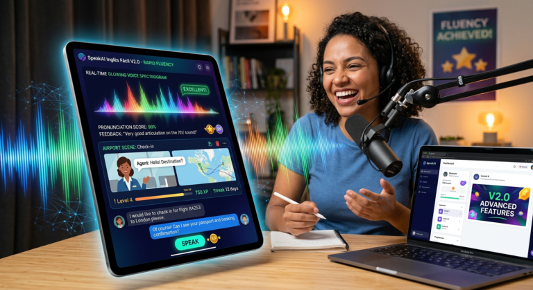 Usuário sorrindo praticando inglês com SpeakAI 2.0, exibindo espectrograma de voz e feedback de IA em interface gamificada.