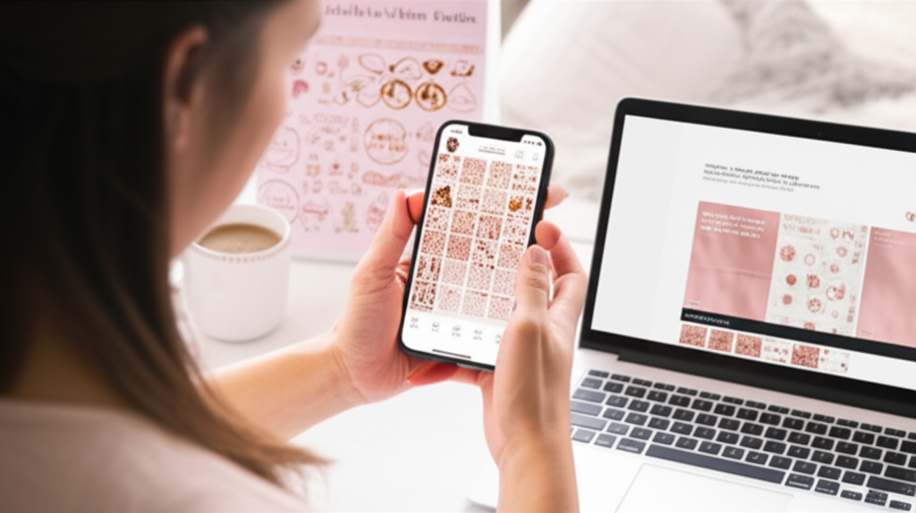Mulher de 40+ anos usando smartphone para criar Stories no Instagram com adesivos femininos e vídeos, enquanto visualiza o canal do Telegram com recursos do StoriesPerfeitos.