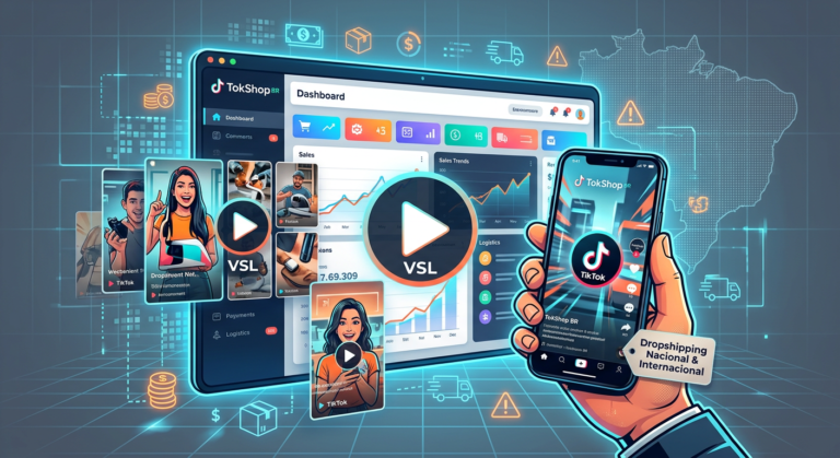 Illustration of TokShop BR showcasing TikTok ads, VSL play button, dropshipping elements, and a warning icon.