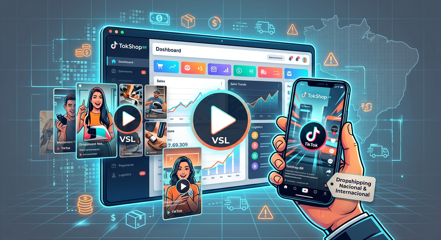 Illustration of TokShop BR showcasing TikTok ads, VSL play button, dropshipping elements, and a warning icon.