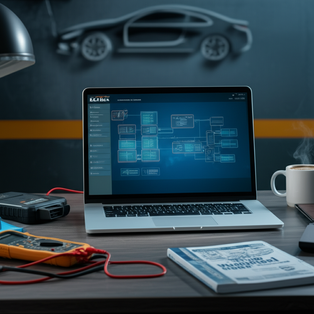 Laptop displaying online automotive diagnostic training with car diagnostic tools on a home office desk.