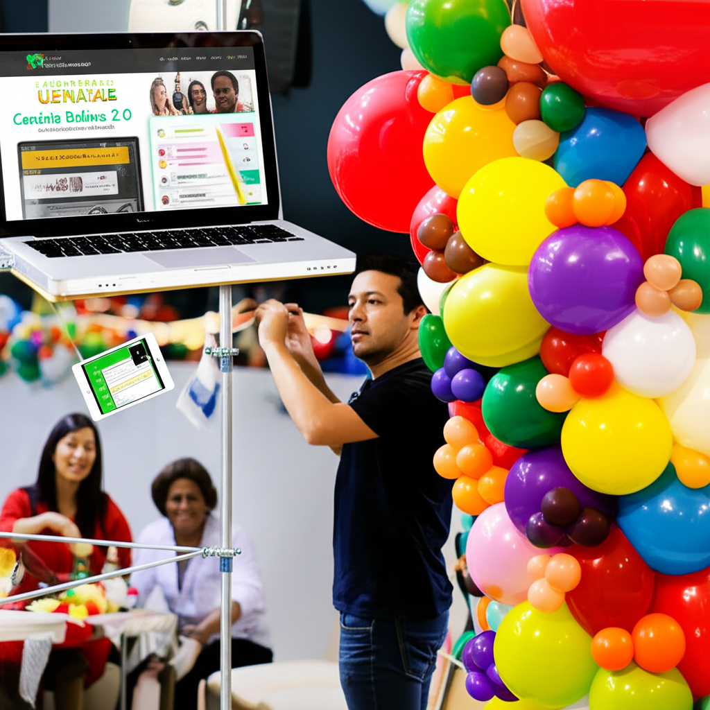 Decorador profissional criando escultura de balões de grande porte usando técnicas da Universidade Cenário Balões 2.0.