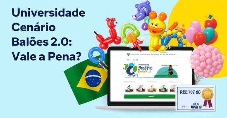 Ilustração digital de laptop com curso Universidade Cenário Balões 2.0, balões coloridos, certificado e preço do curso.