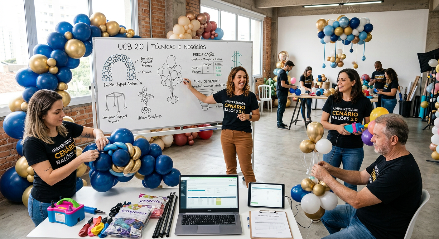 Instructor teaching advanced balloon décor techniques and business management to students in a modern studio
