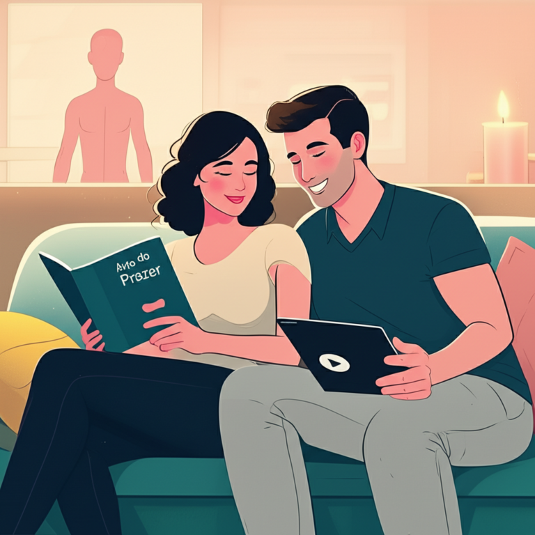 Ilustração educativa mostrando um homem e uma mulher conversando sobre o curso "Como Deixar Ela Louca na Cama" de Julia Santos, com elementos de anatomia e prazer em estilo suave.