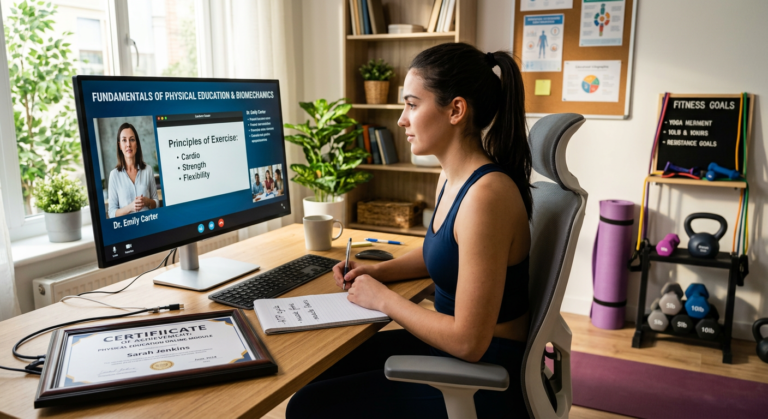 Estudante de Educação Física estudando online com certificado digital e equipamentos de treino ao fundo