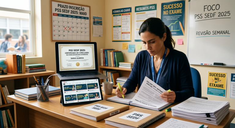 Teacher surrounded by study materials and a digital certificate while preparing for the PSS SEDF exam