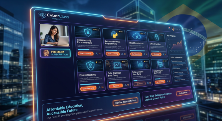 Interface do CyberClass Petaxxon mostrando um painel de cursos com destaque para o modelo de assinatura e a proposta de monetizar habilidades digitais.