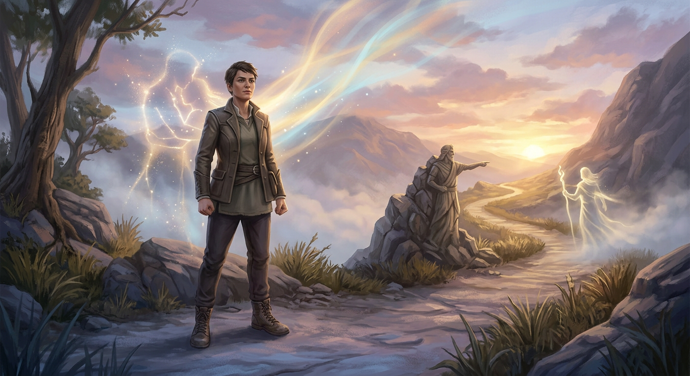 Pessoa em postura confiante, com guias etéreos e um caminho iluminado, representando a jornada de autodescoberta e reconquista amorosa.