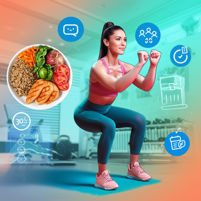 Ilustração de mulher em treino HIIT, rodeada por ícones que representam os 5 pilares do STC: coach, alimentação nutritiva, grupo de suporte, atividade física e suplementação.