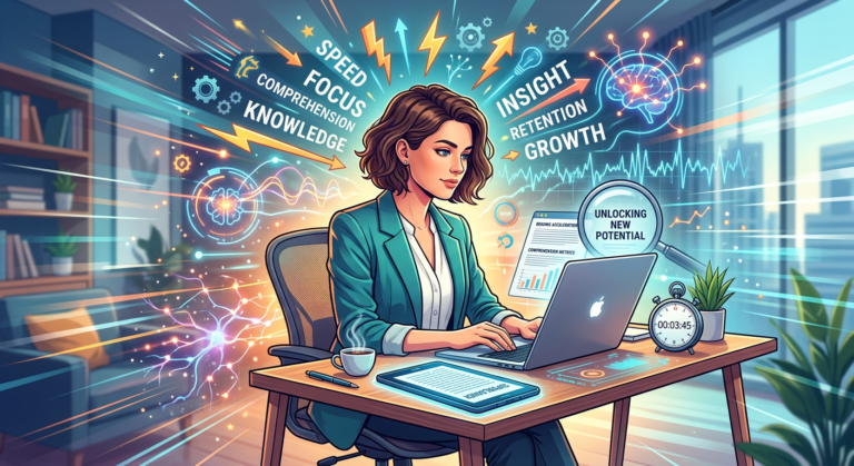 Illustration of a person using a laptop and Kindle to practice rapid reading with brainwave graphics and motion lines, symbolizing speed and deep comprehension.