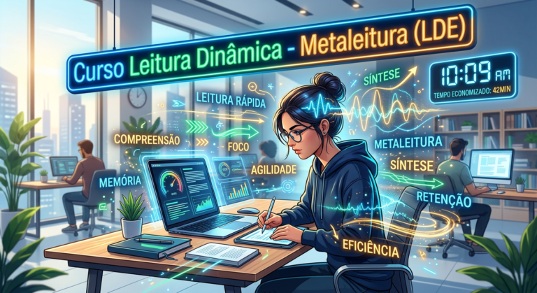 Estudante moderno lendo rapidamente com palavras e ondas cerebrais ao redor, ilustrando o Curso Leitura Dinâmica - Metaleitura (LDE)