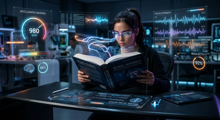 Student reading a dense academic book at super‑fast speed with glowing neural pathways