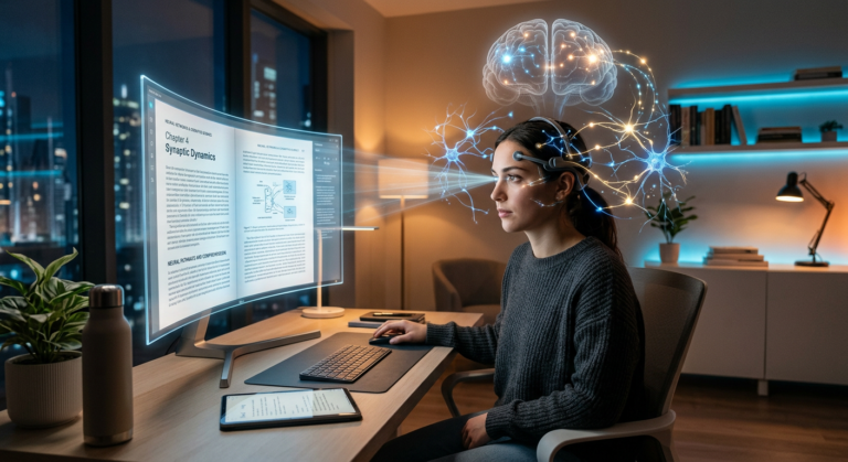 Imagem ilustrativa do curso de leitura dinâmica e metaleitura, mostrando uma pessoa concentrada lendo rapidamente com efeitos visuais de fluxo de luz e cérebro iluminado