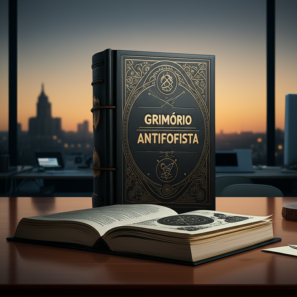 Capa aberta do Grimório Antifofista sobre mesa de escritório, rodeada de símbolos de silêncio e proteção.