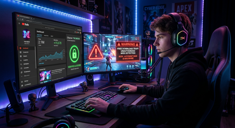 Gamer at dual monitors showing YouTube growth metrics and game action, highlighting official login security vs free download trap