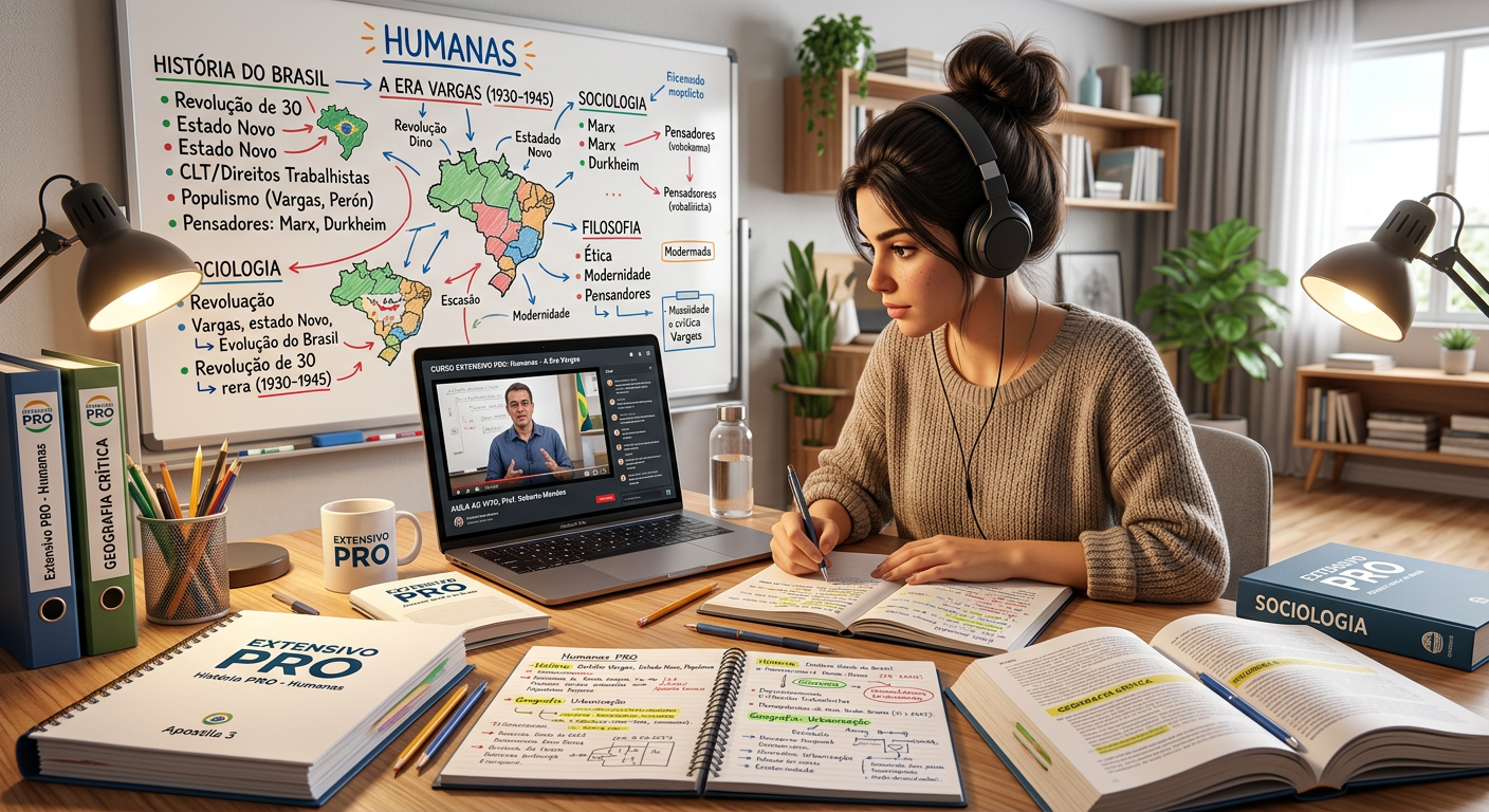 Student immersed in Extensivo PRO study session with printed materials and live video lecture