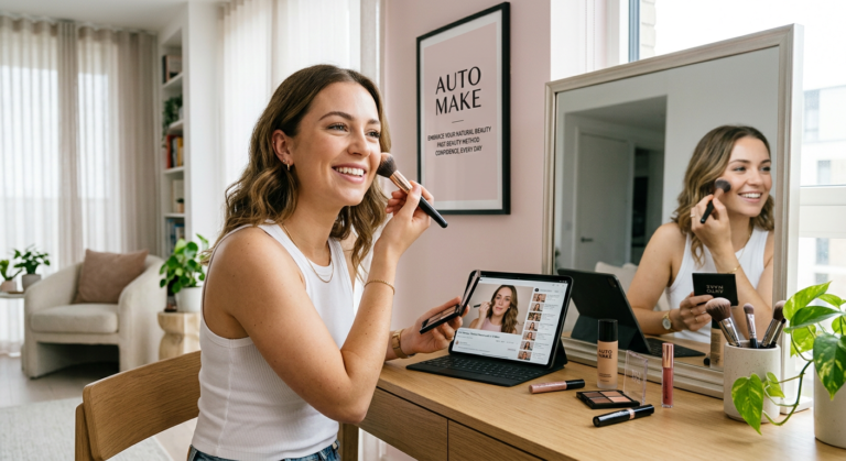 Woman applying makeup using Auto Make Fast Beauty method in a bright modern room