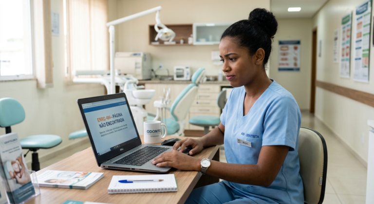 Auxiliar em Saúde Bucal preocupada com curso online indisponível na tela do laptop