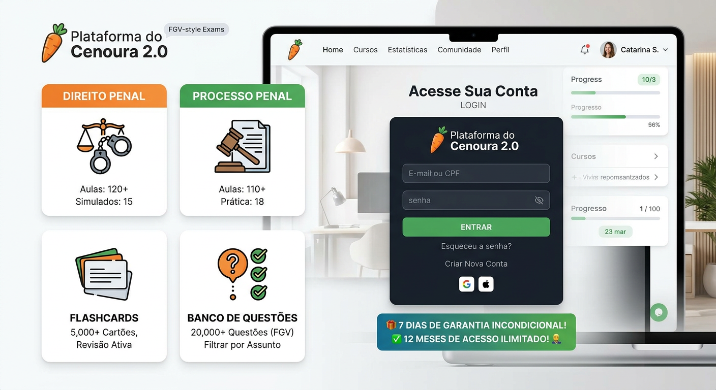 Interface da Plataforma do Cenoura 2.0 exibindo módulos de Direito Penal, Processo Penal, flashcards e banco de questões, com tela de login e destaque para garantia de 7 dias e acesso de 12 meses.