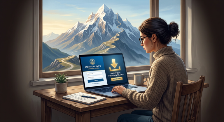 Student at desk with laptop showing login screen, mountain backdrop, download icon