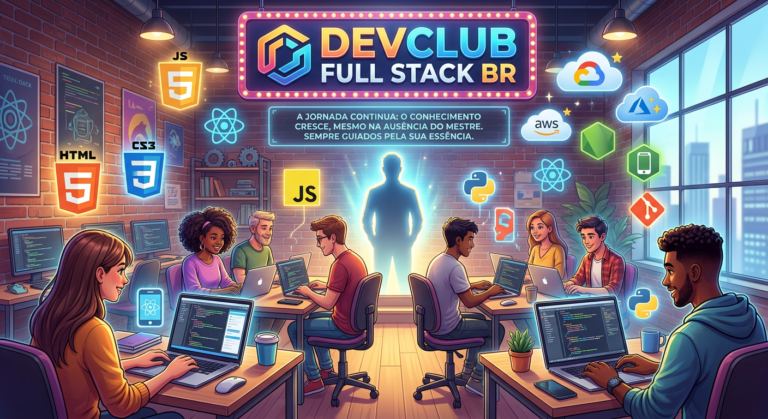 Imagem ilustrativa de um ambiente de aula virtual do curso DevClub Full Stack BR, com estudantes codificando em laptops e ícones de tecnologias ao redor, simbolizando a orientação de Rodolfo Mori.
