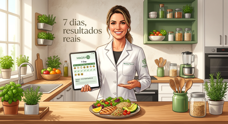 Mariana Ferri d'Avila holding a tablet showing the Magra 7D program interface in a bright, modern kitchen setting.