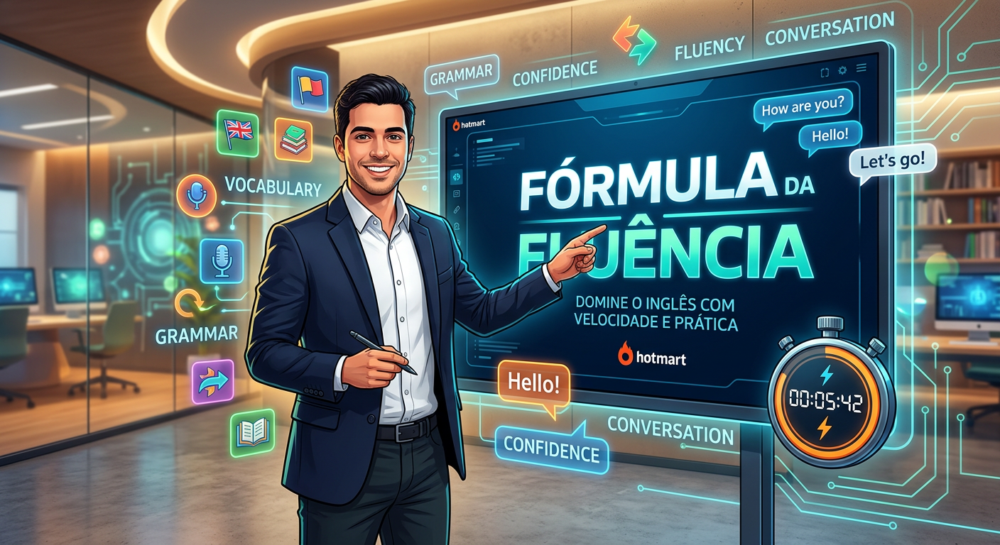 Caio R. apresentando a Fórmula da Fluência, método de aprendizado de inglês para brasileiros