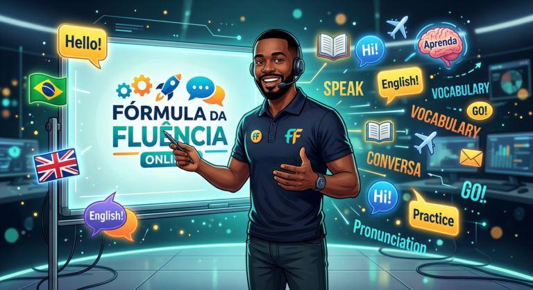 Caio R. apresentando o curso Fórmula da Fluência em um cenário digital com ícones de inglês