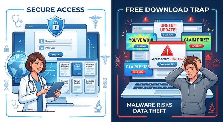 Ilustração dividida mostrando o login oficial seguro da MEI Community à esquerda e a página de download gratuito arriscado à direita, destacando a diferença entre segurança e armadilha.