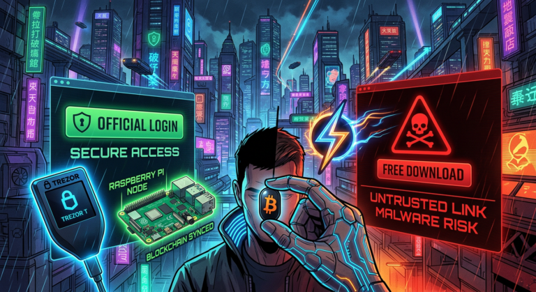 Illustration of a person holding a Bitcoin Black Pill with a hardware wallet, node and Lightning bolt, split between an official login screen and a red-warning free download icon, set in a cyberpunk cityscape